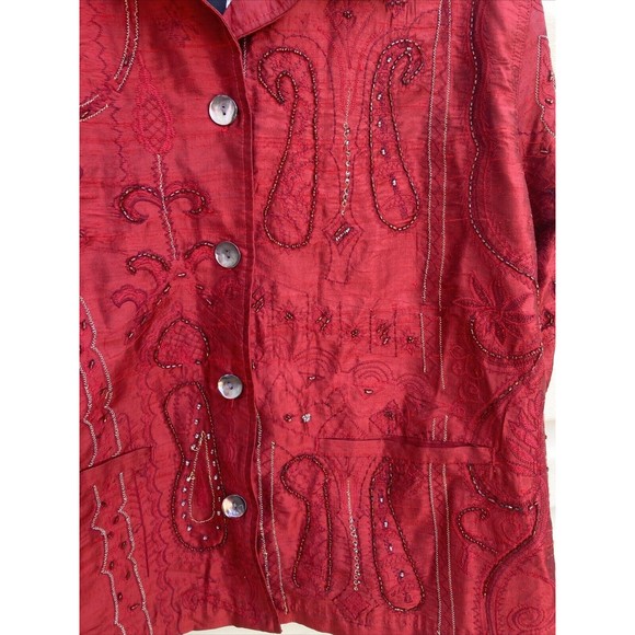 VNTG Chico's Design Medium/1 Red Pure Silk Jacket Abstract Beaded Embroidery NWT - Picture 4 of 11